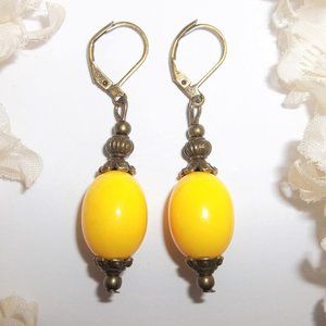 Yellow & Bronze Boho Style Beaded Earrings Dangle and Drop Lever Back Set 5722